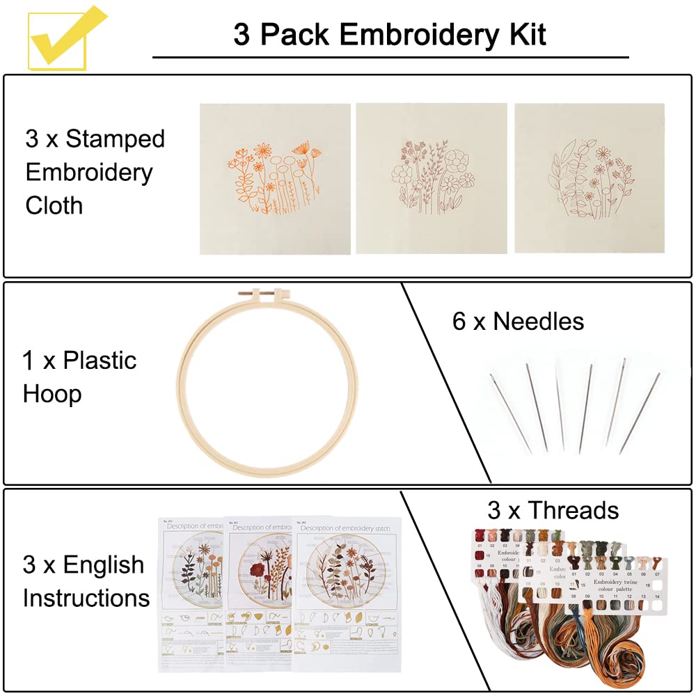 Uphome 3 Pack Embroidery Starter Kit for Beginners Stamped Cross Stitch Kits with Cute Flowers and Plants Patterns with 1 Embroidery Hoop and Color