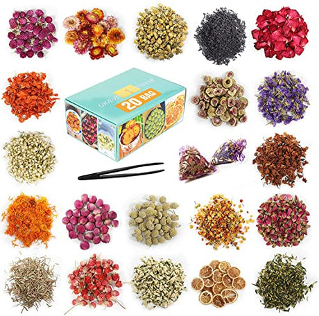 20 Bags Dried Flowers,100% Natural Dried Flowers Herbs Kit for Soap Making, DIY Candle Making,Bath - Include Rose Petals,Lavender,Don't Forget SACATR
