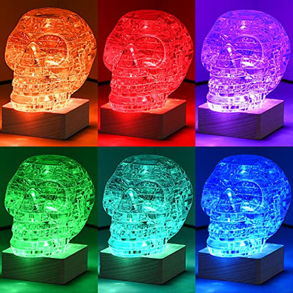 3D Skull Crystal Puzzle, Skull Assembly Brain Teaser with Light-Up Wood Base for Halloween Decorations Indoor, Plastic Skull DIY Puzzle Blocks 3D - WoodArtSupply