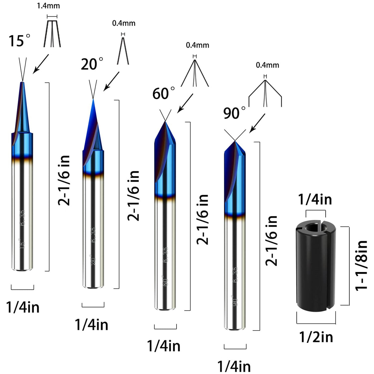 Helovmine Engraving Bits 15, 20, 60, 90 Degree CNC Wood Carving Router Bit Set with Nano Blue Coated, Marking Conical Engraving Router Tool , 2 Helovmine
