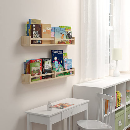 Classic Nursery Shelves, Set of 2 Natural Wood Floating Book Shelves for Kids Room, Wall Shelves for Bathroom Decor, Kitchen Spice Rack, Book Shelf - WoodArtSupply