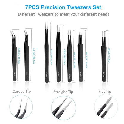 YHYZ 7pcs Precision Tweezers Set, Premium Anti-Static Stainless Steel ESD Tweezers Set Kit for Electronics, Sodlering，Jewelry, Craft, Laboratory - WoodArtSupply