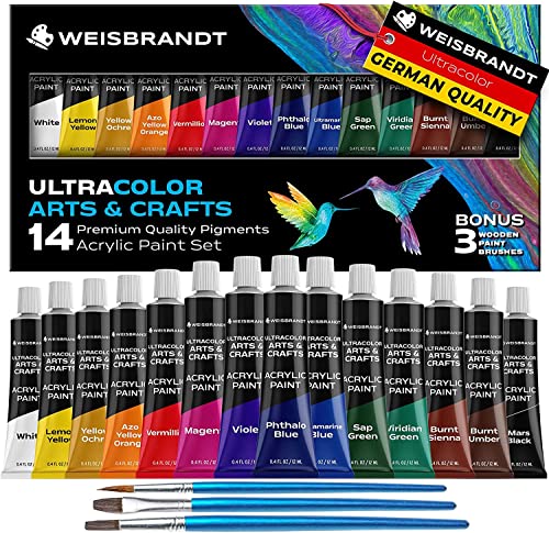 WEISBRANDT Ultra Color Arts & Crafts Acrylic Paints, 14 Colors, Premium Quality Pigments, Matte Finish, 0.4oz/12 ml, Water-Based Acrylic Paint Set,