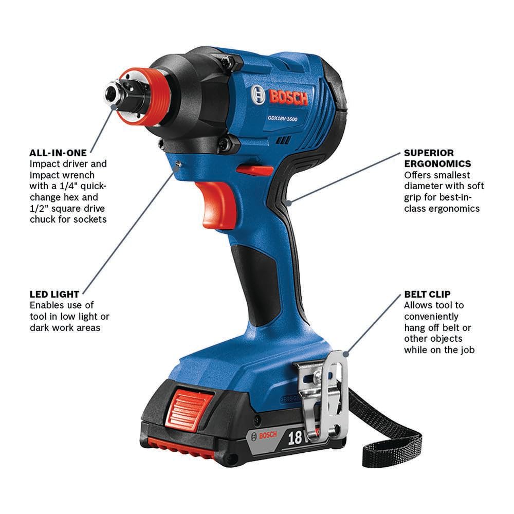 BOSCH GXL18V-496B22 18V 4-Tool Combo Kit with Compact Tough 1/2 In. Drill/Driver, Two-In-One 1/4 In. and 1/2 In. Bit/Socket Impact Driver, Compact - WoodArtSupply