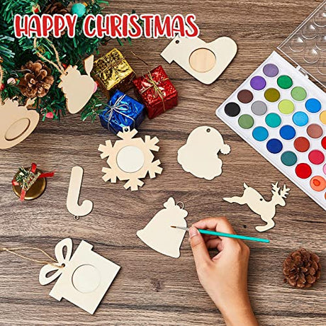 48 Pcs Christmas Wooden Photo Frames and Wooden Ornaments Unfinished Wooden Slices Frames with Hole Rope for Christmas Hanging Decorations Craft and Juexica