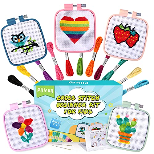 Pllieay 5PCS Cross Stitch Kits for Beginners for Kids 7-13, Includes 5 Project Patterned and 5pcs Square Embroidery Hoops, 11 Skeins, Needle Point Pllieay