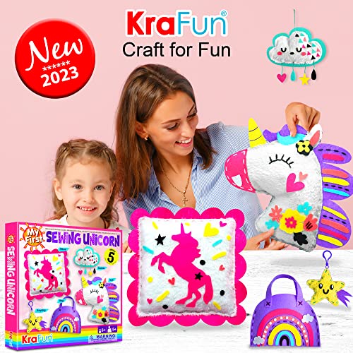 KRAFUN My First Unicorn Kids Sewing kit, Beginner Arts & Crafts, Make 5 Cute Projects with Plush Stuffed Animal, Pillow, Mobile, Keyring and Bag, KRAFUN