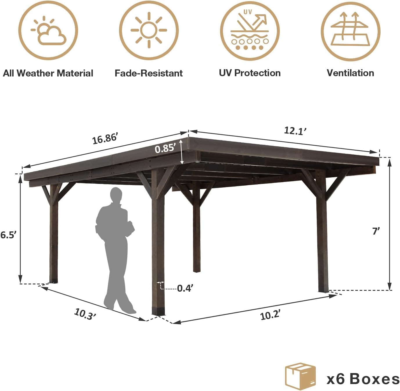 U-MAX 17ft x 12ft All Cedar Wooden Gazebo Pavilion with Hard Top Slant Roof,Wood Heavy Duty Carport Garage Outdoor Gazebo Wood Pergola, Coffee, for - WoodArtSupply