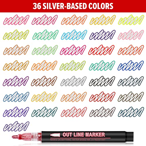 Banral 36 Colors Glitter Markers, Double Line Outline Markers, Super Squiggles Shimmer Outline Marker Set, Self Outline Metallic Doodle Drawing Pens Banral