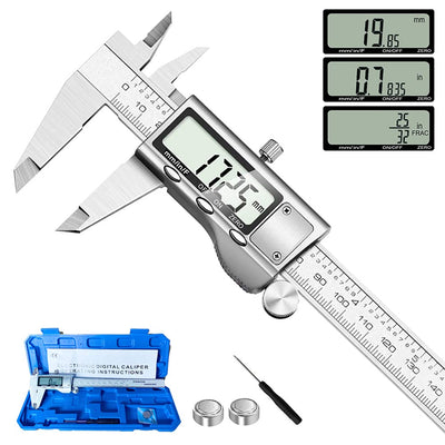 Digital Caliper Measuring Tool, Stainless Steel Vernier Caliper Digital Micrometer with Large LCD Screen, Easy Switch from Inch Metric Fraction, 6