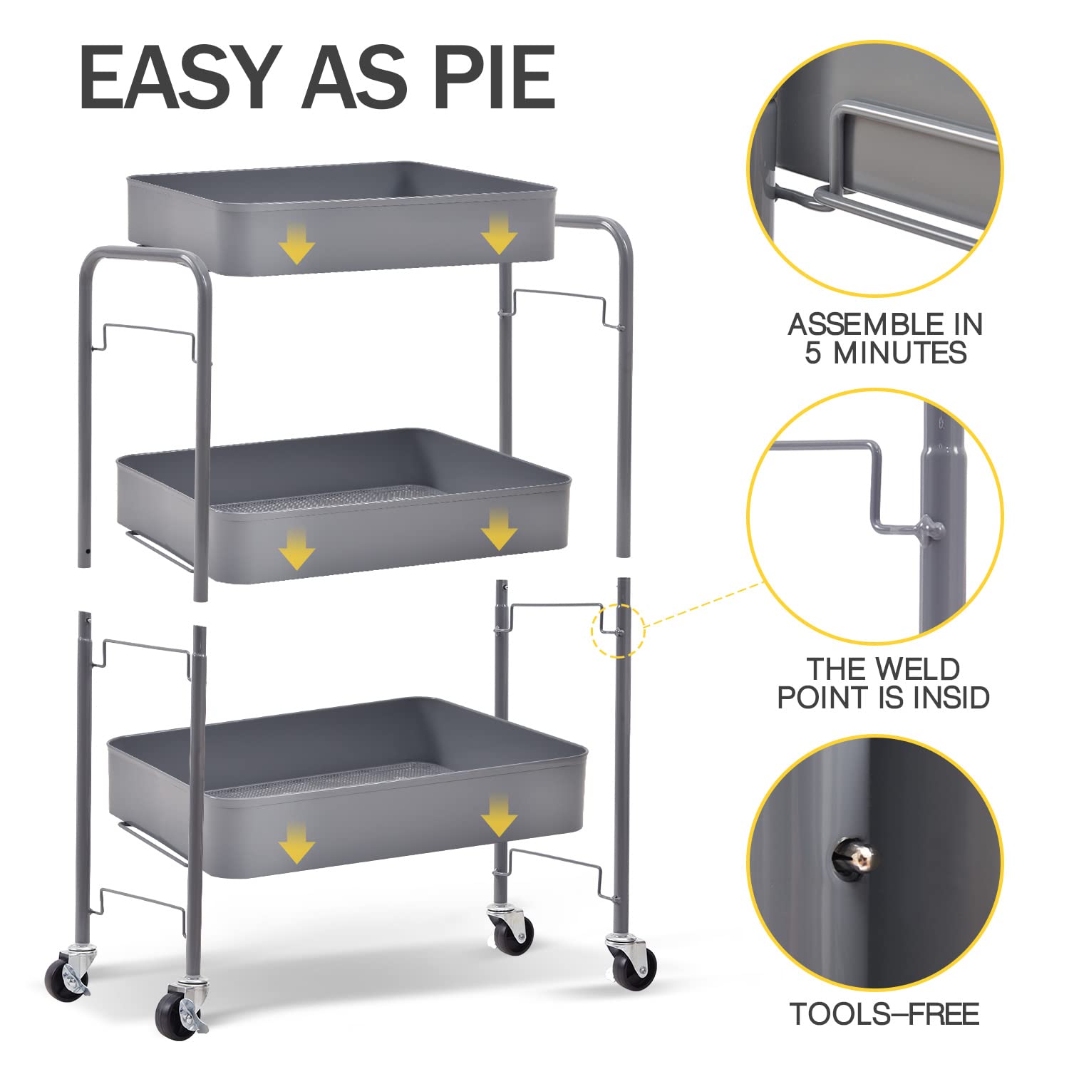 TOOLF 3-Tier Rolling Cart, Metal Utility Cart with Lockable Wheels, Storage Craft Art Cart Trolley Organizer Serving Cart Easy Assembly for Office, TOOLF