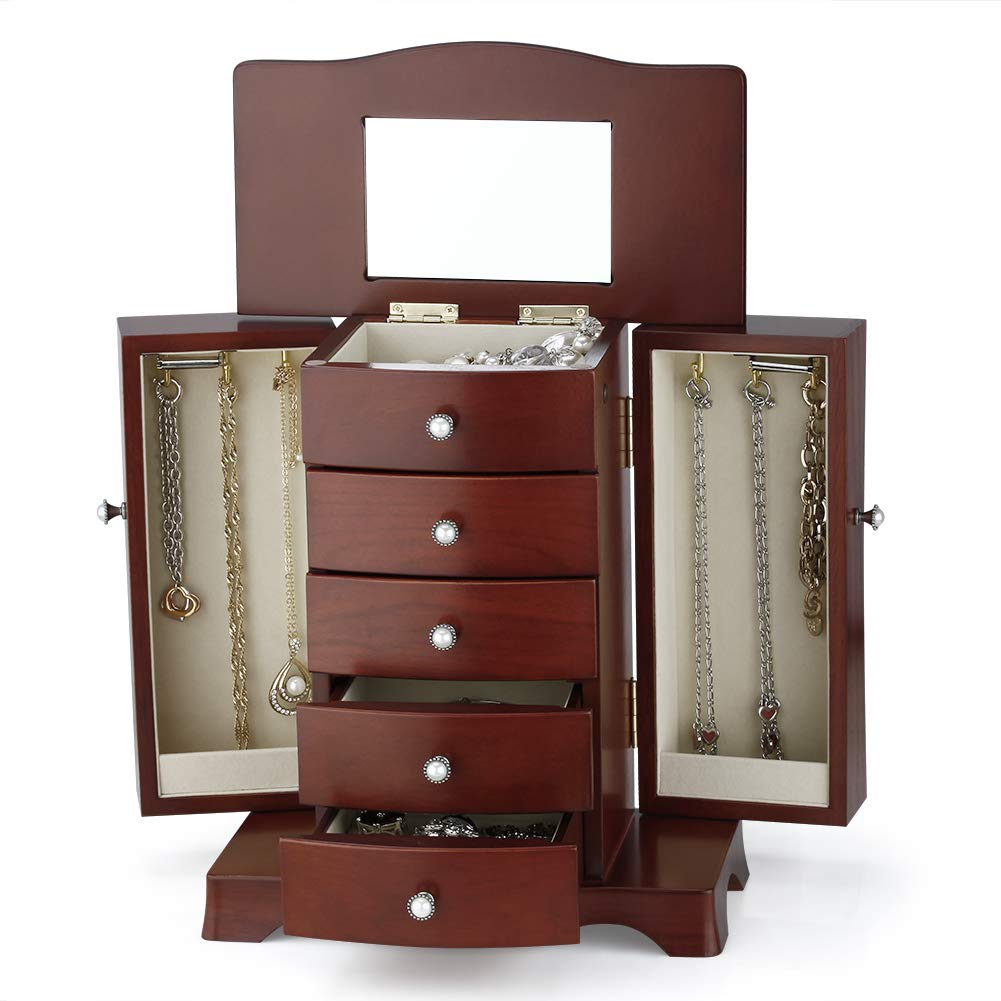 RR ROUND RICH DESIGN Jewelry Box - Made of Solid Wood with Tower Style 4 Drawers Organizer and 2 Separated Open Doors on 2 Sides and Large Mirror RR ROUND RICH DESIGN