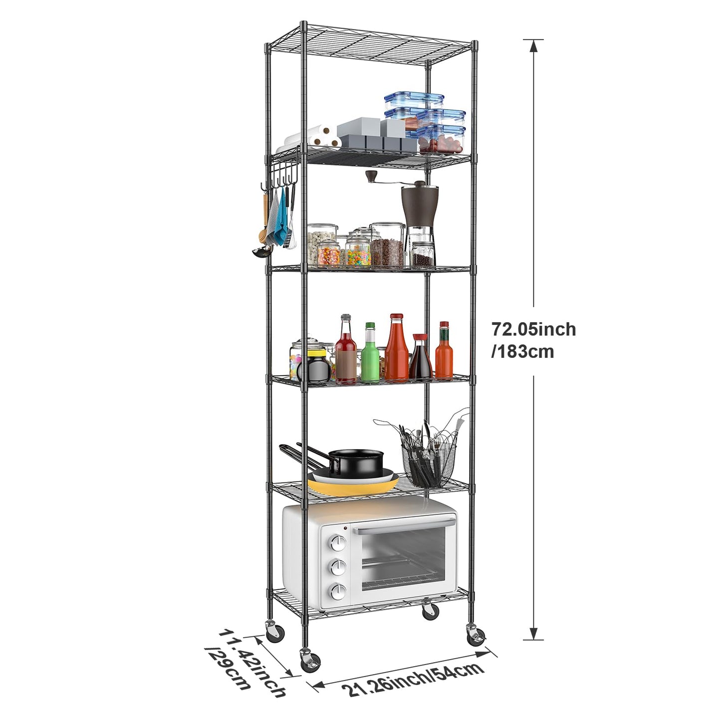 Homdox 6-Tier Storage Shelf Wire Shelving Unit Free Standing Rack Organization with Caster Wheels, Stainless Side Hooks, Black - WoodArtSupply