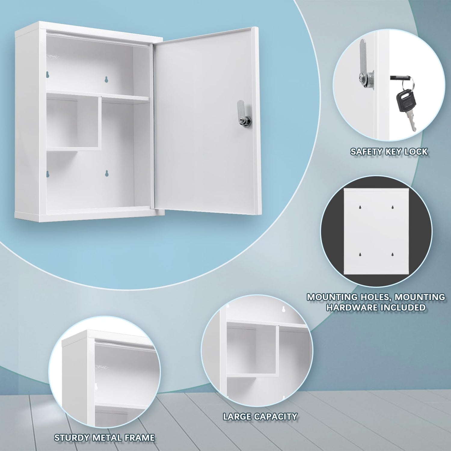 KYODOLED Wall Mount Medicine Cabinet, Large Capacity First Aid Wall Cabinet for Bathroom, Locking Medicine Cabinet with Key, Secure Steel Lock Box KYODOLED