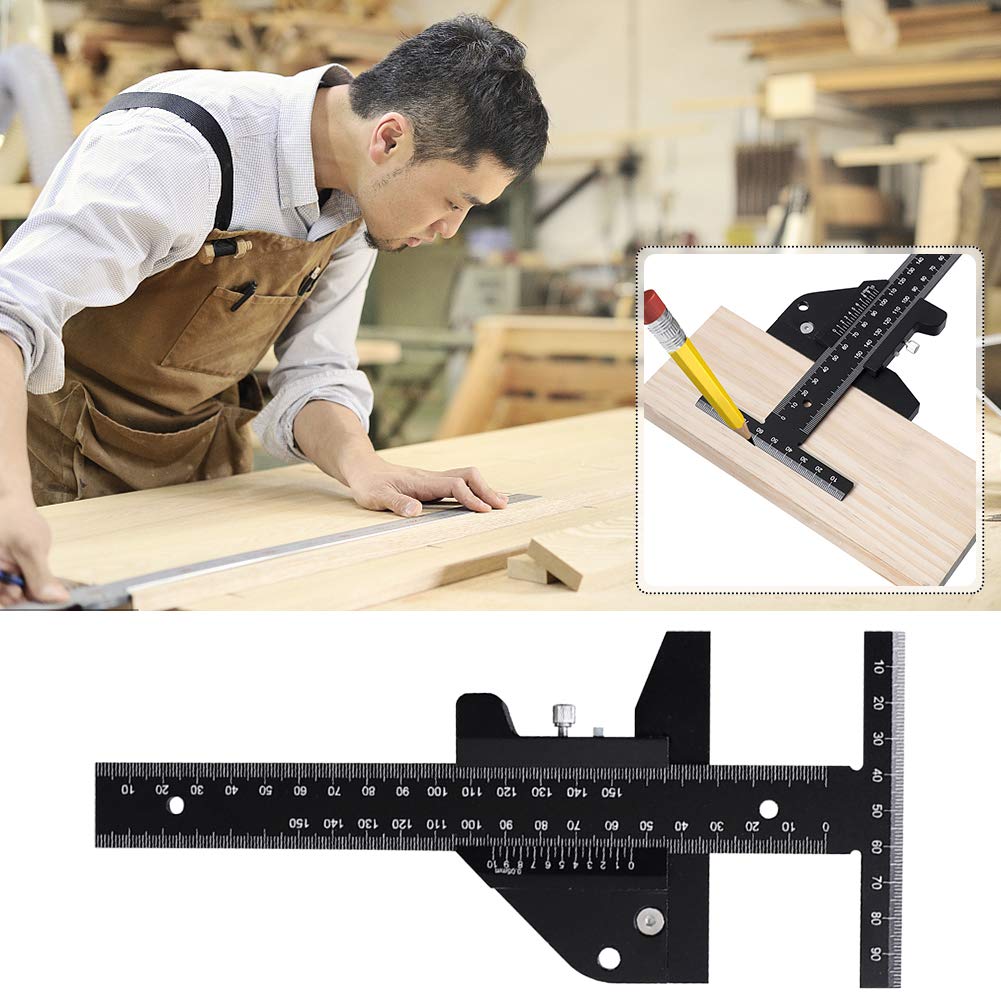 Woodworking Scriber, T Shaped Woodworking Multifunctional Ruler, Aluminum Alloy Marking Measuring Gauge DIY Carpentry Tool - Metric ETIGER