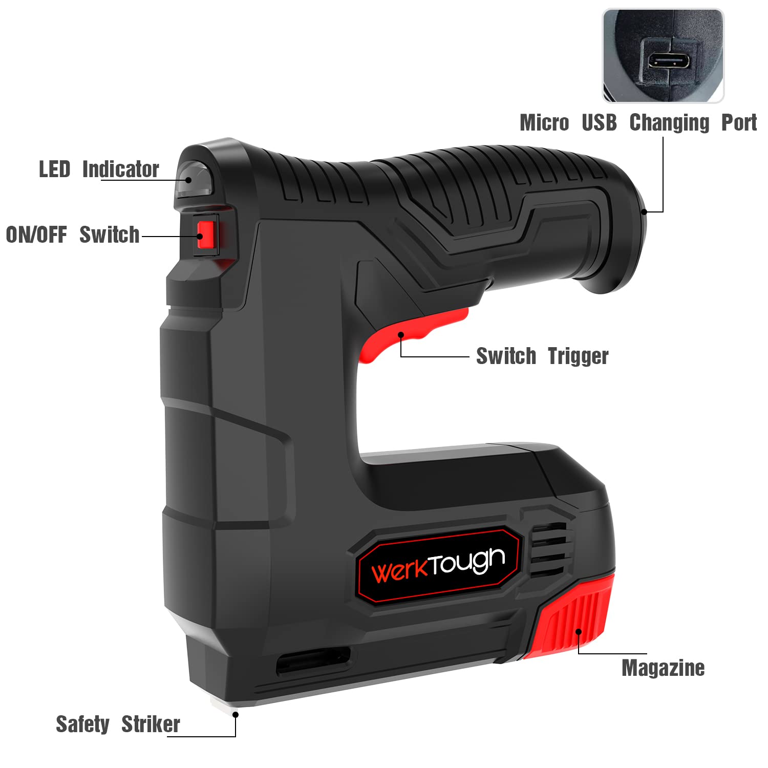 Powertough 4v Cordless Staple Gun/Brad Nailer 2 in 1 Free Staple USB Cable 2000pcs Free Staple and Brad Nails(T90:8mmx1000+6mmx500pcs, 18GA:10mmx500) - WoodArtSupply