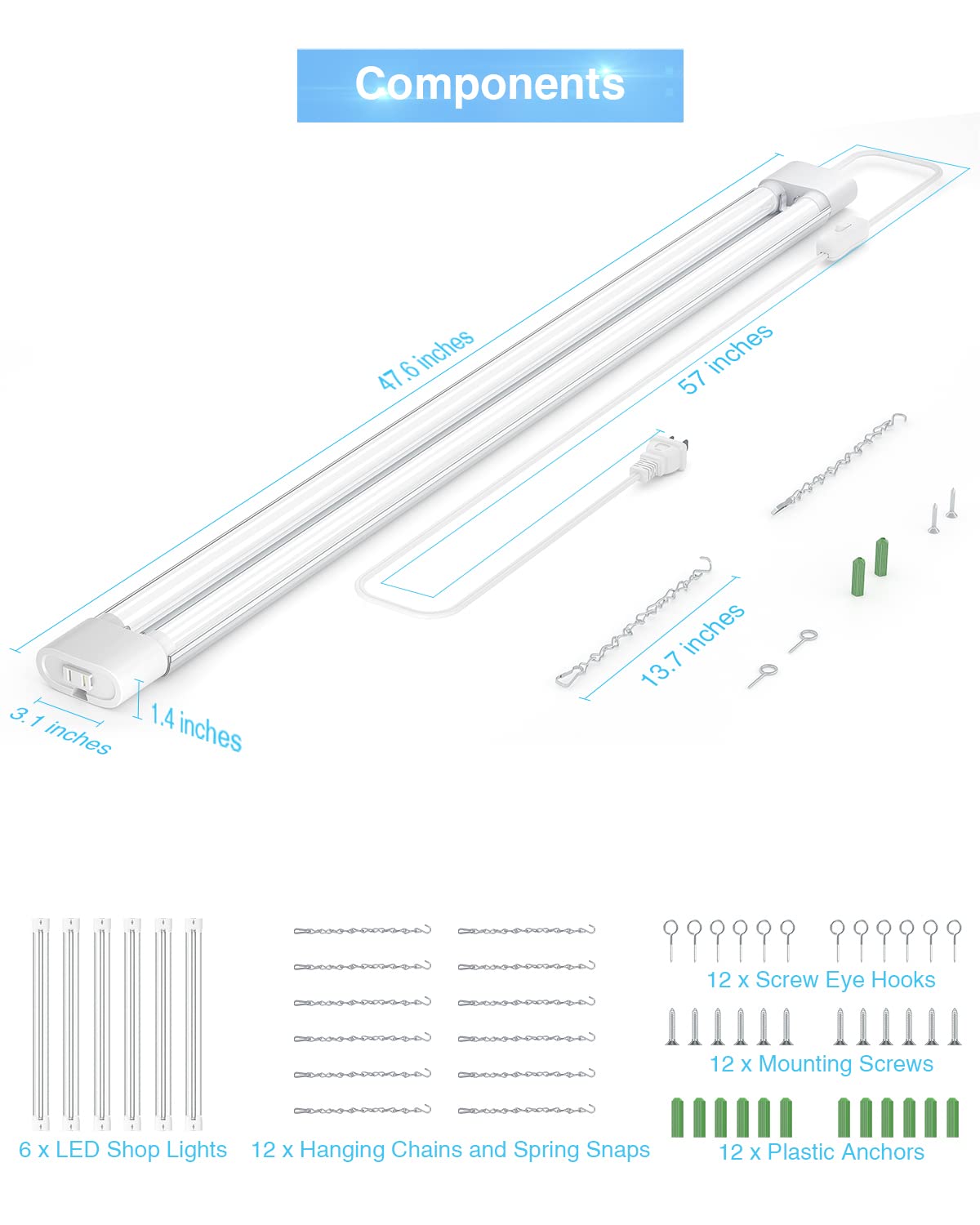 Ensenior 6 Pack Linkable LED Utility Shop Light, 4 FT 4400lm, 36W Equivalent 280W, 5000K Daylight, 48 Inch Integrated Fixture for Garage&Workbench, - WoodArtSupply