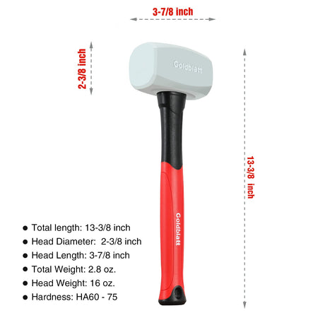 Goldblatt Rubber Mallet 16 oz. Low Recoil Rubber Hammer with Solid Head & Soft-grip Handle, Durable Double-Faced Soft Mallets, Soft Blow Tasks, No Goldblatt