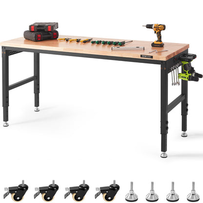VEVOR Workbench for Garage 72" Adjustable Workbench, Heavy-Duty Hardwood Worktable with Universal Wheels, 3000 LBS Load Capacity, with Power Outlets,