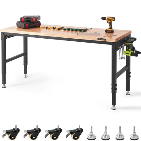 VEVOR Workbench for Garage 72" Adjustable Workbench, Heavy-Duty Hardwood Worktable with Universal Wheels, 3000 LBS Load Capacity, with Power Outlets, VEVOR