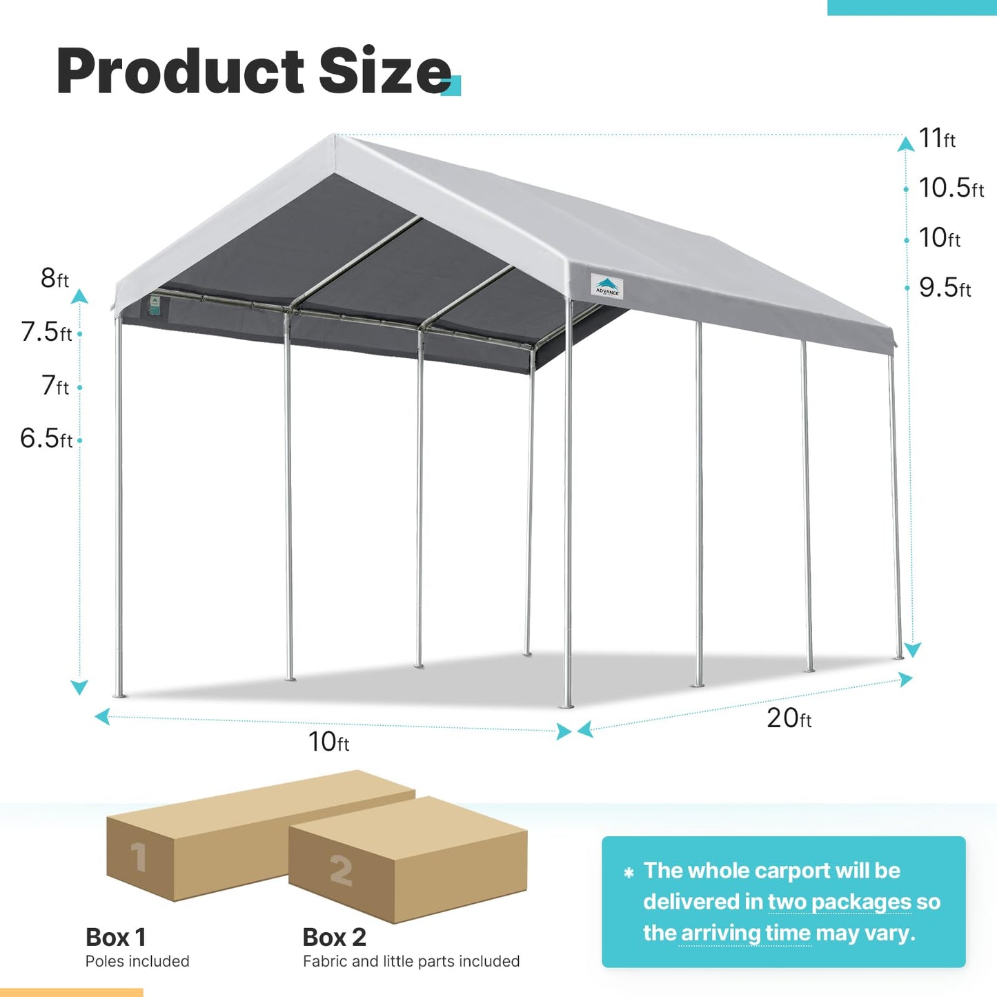 ADVANCE OUTDOOR Adjustable 10x20 ft Heavy Duty Carport Car Canopy Garage Boat Shelter Party Tent, Adjustable Peak Height from 9.5ft to 11ft, Gray