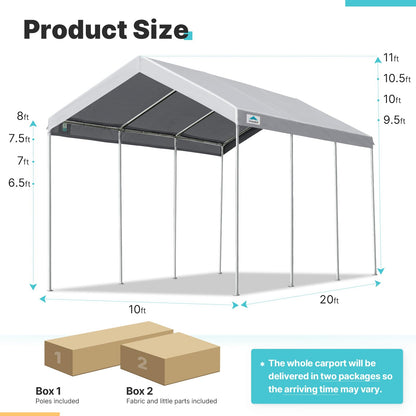 ADVANCE OUTDOOR Adjustable 10x20 ft Heavy Duty Carport Car Canopy Garage Boat Shelter Party Tent, Adjustable Peak Height from 9.5ft to 11ft, Gray