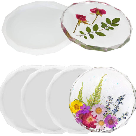 ResinWorld 4 Pack Flower Coaster Molds + 4 Pack Resin Coaster Molds, Diamond Edge Crystal Coaster Molds for Resin Casting ResinWorld