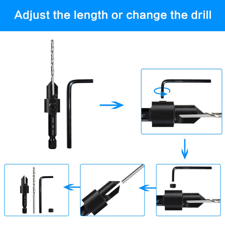 5-pc Countersink Tapered Drill Bit Set, 3in1 Woodworking Counterbore Hole Drill Bits for #6 8 10 12 16 Screws, Depth Adjustable M2 Pilot Drill Bits, - WoodArtSupply