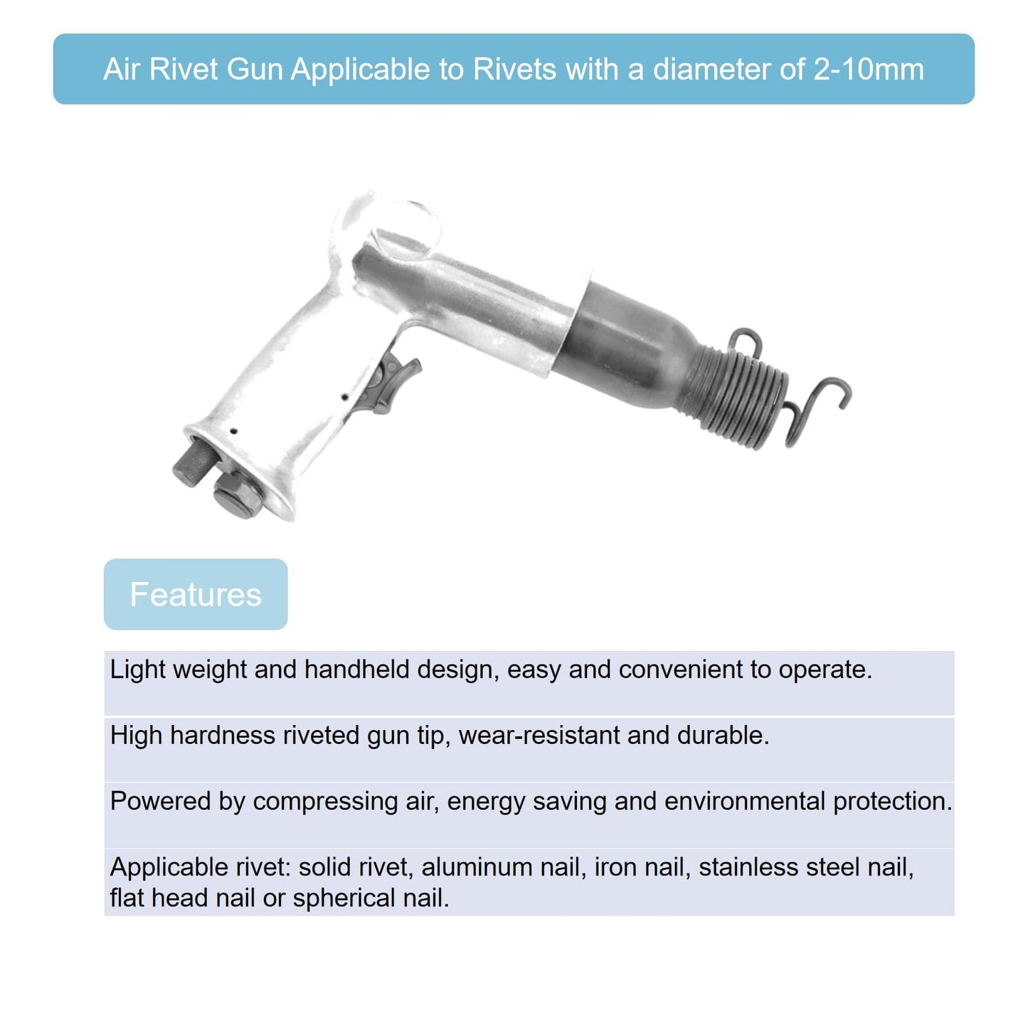 Solid Rivet Tool, Rivets Nut Gun Tool 1/4 Inch Inlet Port Handheld Air Rivet Gun Applicable to Rivet with a Diameter of 2-10mm(0.08-0.4inch) Suitable - WoodArtSupply