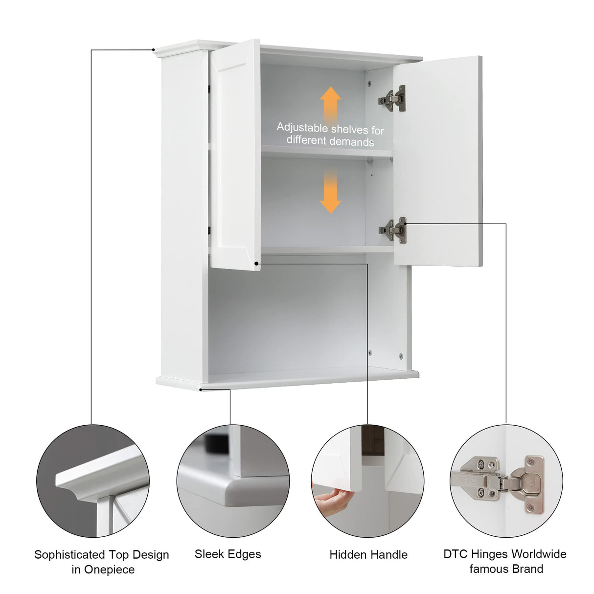 VANIRROR White Wooden Bathroom Wall Cabinet with Adjustable Shelves and Buffering Hinge Design VANIRROR