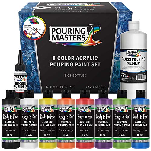 U.S. Art Supply Pouring Masters 8-Color Ready to Pour Acrylic Pouring Paint Set - Premium Pre-Mixed High Flow 8-Ounce Bottles - for Canvas, Wood, U.S. Art Supply