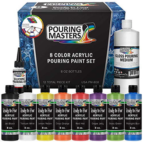 U.S. Art Supply Pouring Masters 8-Color Ready to Pour Acrylic Pouring Paint Set - Premium Pre-Mixed High Flow 8-Ounce Bottles - for Canvas, Wood, U.S. Art Supply