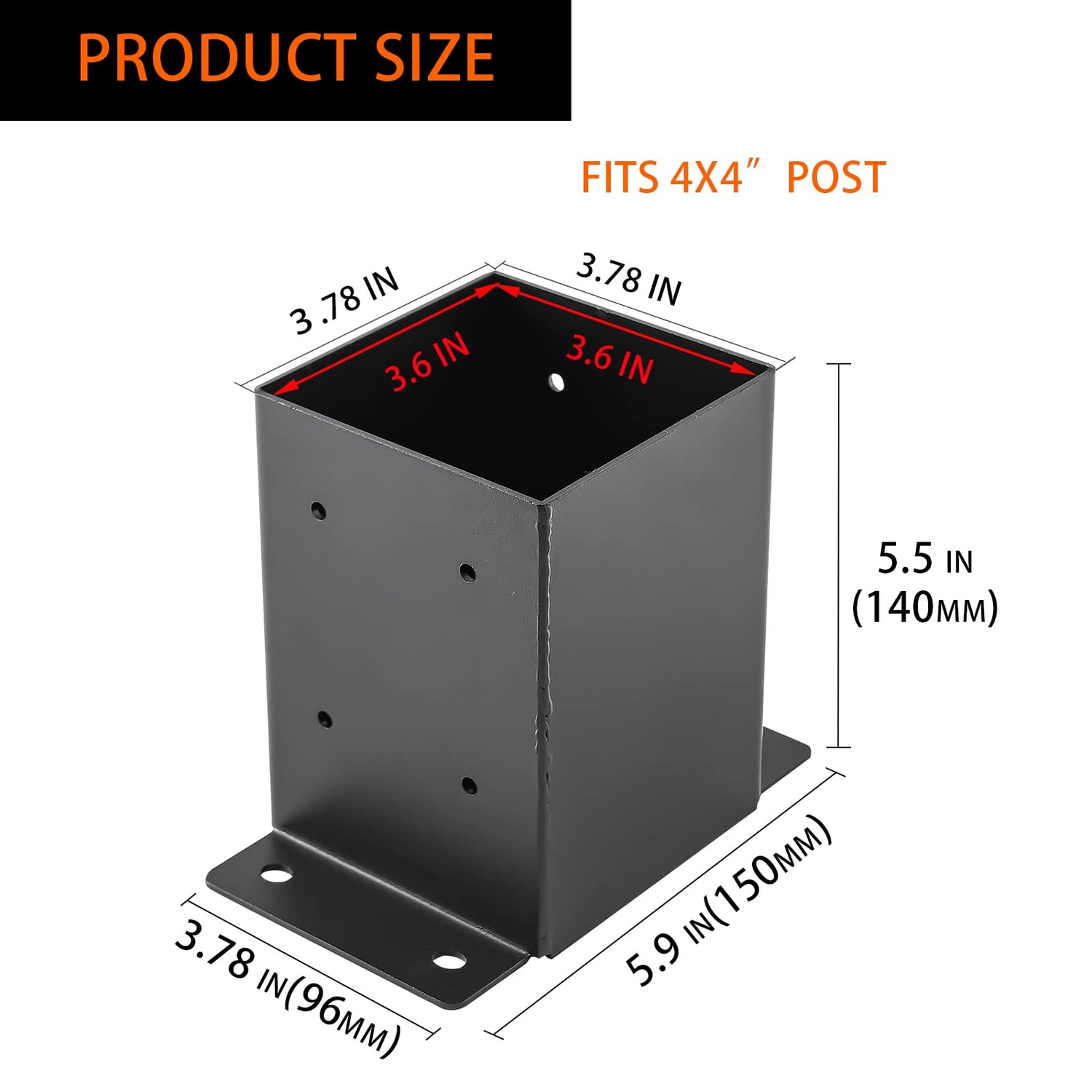 YVHFWOY 4x4 Post Base ，Railing Post Brackets(Inner Size 3.6"x3.6")，Black Powder Coated Heavy Thick Steel Fence Post Anchor for Deck Porch Handrail YVHFWOY