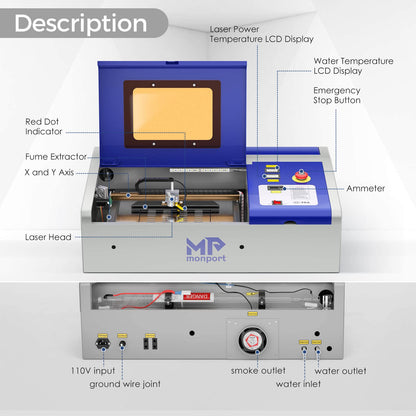 Monport 40W 2.0 Laser Engraver (8" X 12") CO2 Laser Engraver with Gcode for Lightburn CW-3000 3L Water Chiller for 40W CO2 Laser with Air - WoodArtSupply