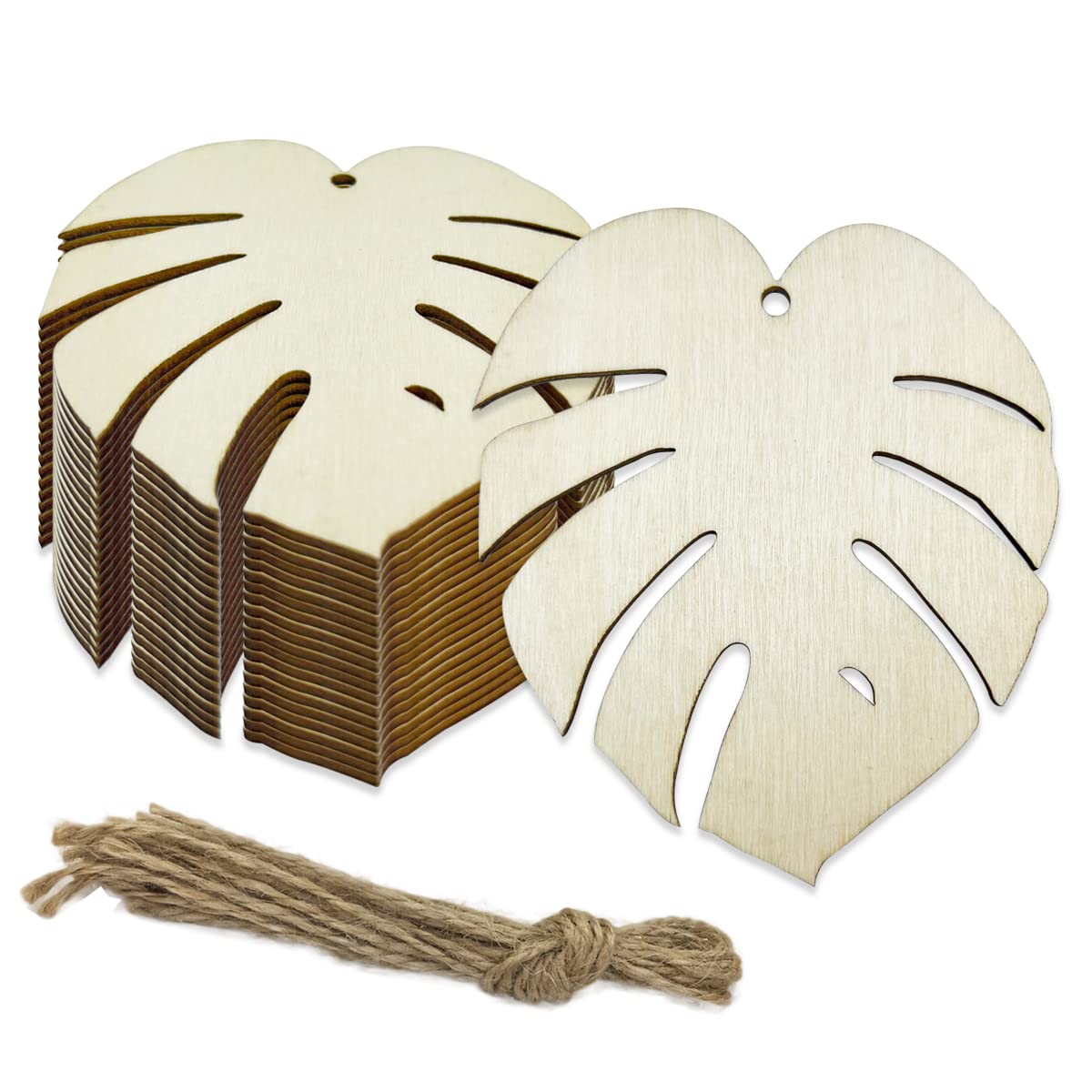 20pcs Unfinished Plam Leaf Wood Cut Out Turtle Leaf Wood DIY Crafts Cutouts Blank Wooden Turtle Leaf Shaped Hanging Ornaments with Hole Hemp Ropes