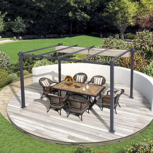 PURPLE LEAF 10' X 12' Outdoor Retractable Pergola with Sun Shade Canopy Patio Metal Shelter for Garden Porch Beach Pavilion Grill Gazebo Modern Yard PURPLE LEAF