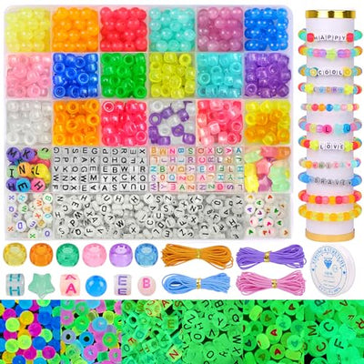 DULEFUN Glow Beads Bracelet Making Kit, Glow in The Dark Pony Beads Letter Beads Heart Beads for Bracelets Jewelry Making Luminous Plastic Glow Beads