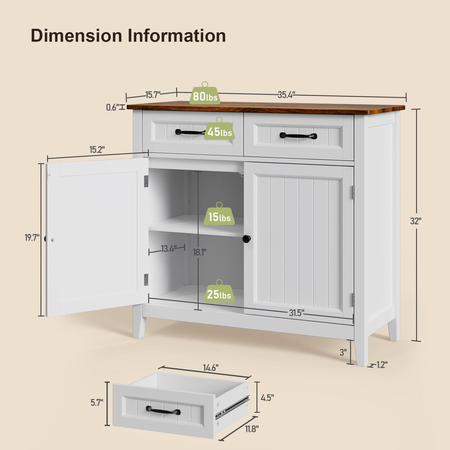 Gizoon Kitchen Sideboard Buffet Cabinet, 32'' H Large Kitchen Storage Island with Drawer and Adjustable Shelf, Modern Coffee Bar for Kitchen, Dining