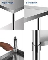 Stainless Steel Prep Worktable 60 x 24 in Sturdy Durable Baffle and Undershelf Restaurant Kitchen Practical Adjustable Workbench FAHKNS