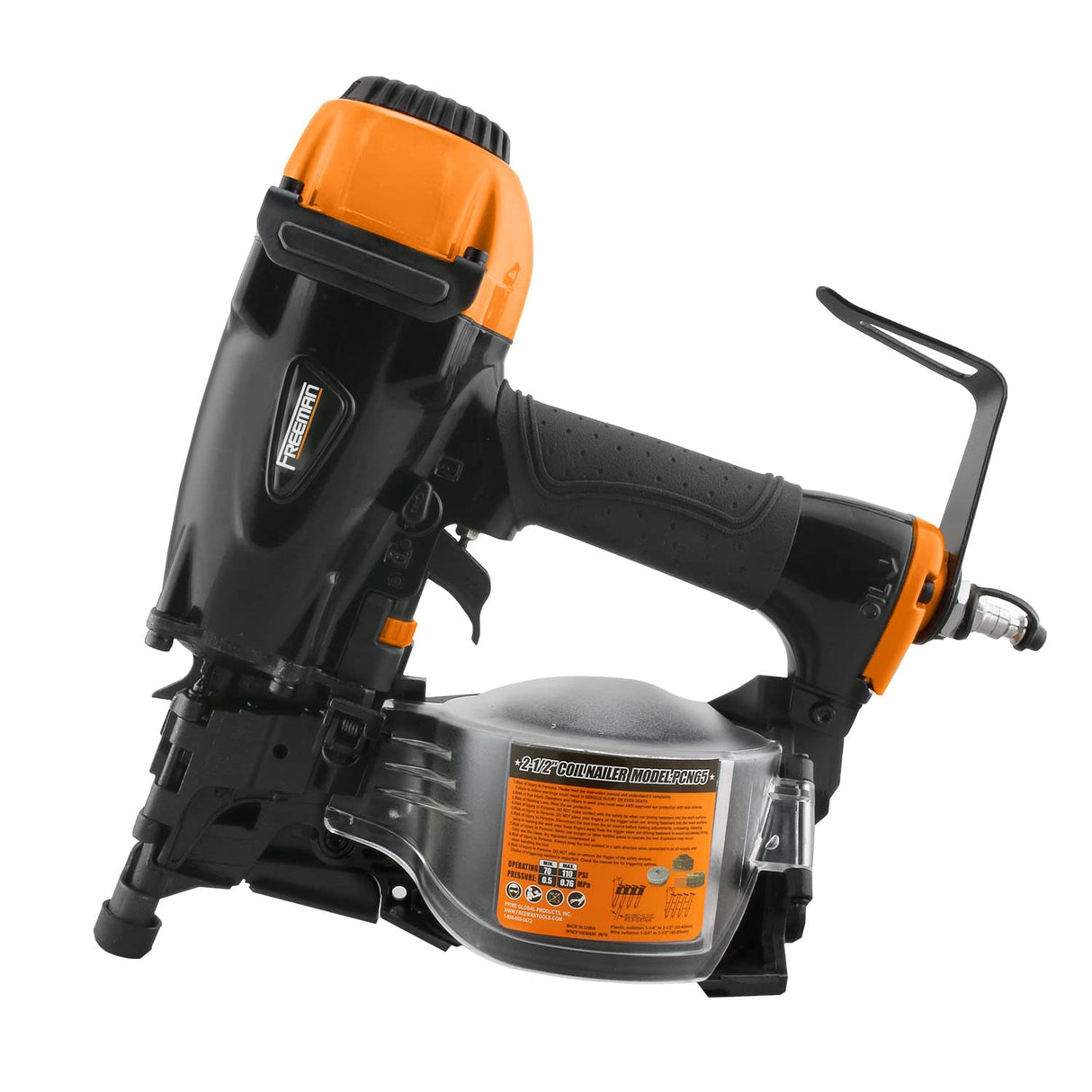 Freeman PCN65 Pneumatic 15 Degree 2-1/2" Coil Siding Nailer with Adjustable Metal Belt Hook Freeman