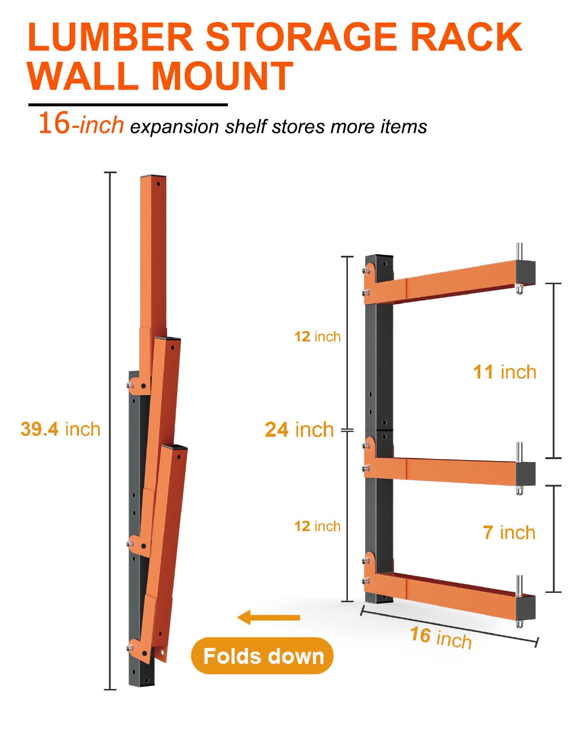Acools Lumber Storage Rack, Lumber Rack Wall Mount, Heavy Duty Wood Storage Racks with 6-Level System, 720 lb Durable Garage Wood Organizer, Orange Acools