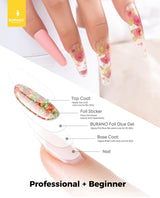 BURANO Nail Art Foil Glue Gel, 15ML 2 Bottles with 60PCS Foils Sticker, Nails Designer Adhesive Transfer Art UV LED Lamp Required BURANO