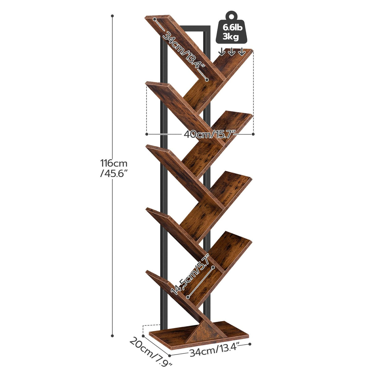 HOOBRO Rustic Brown 9-Tier Tree Bookshelf - Stylish Wooden Storage Rack for Books and CDs HOOBRO