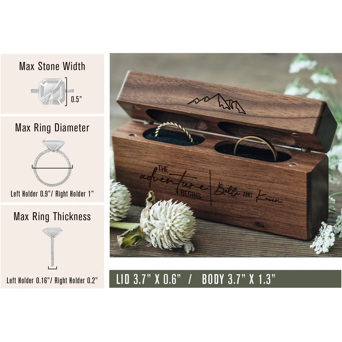 Eyesoul Double Ring Box,Custom Wood Ring Box With Name/Date,Personalized Jewelry Gift Boxes,Ring Box For Wedding Ceremony/Proposal/Engagement,Ring - WoodArtSupply