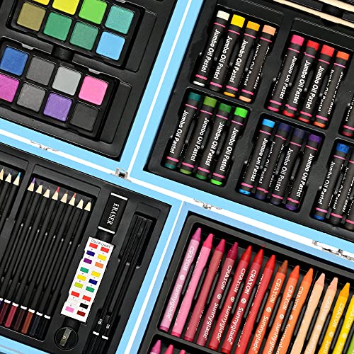 Sunnyglade 145 Piece Deluxe Art Set, Wooden Art Box & Drawing Kit with Crayons, Oil Pastels, Colored Pencils, Watercolor Cakes, Sketch Pencils, Paint Sunnyglade