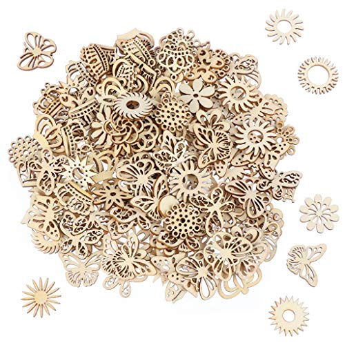 300Pcs Wooden Embellishments,Flower Butterfly Shape Wooden Cutouts Wooden Scrapbooking DIY Handmade Crafts Children Graffiti Home Decor Wooden Crown Haiabei