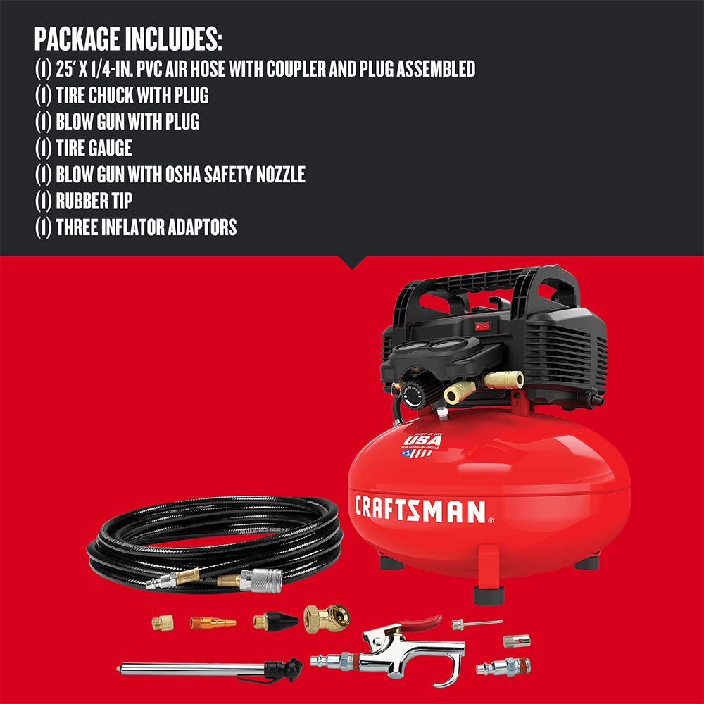 Craftsman Air Compressor, 6 Gallon, Pancake, Oil-Free with 13 Piece Accessory Kit (CMEC6150K) - WoodArtSupply