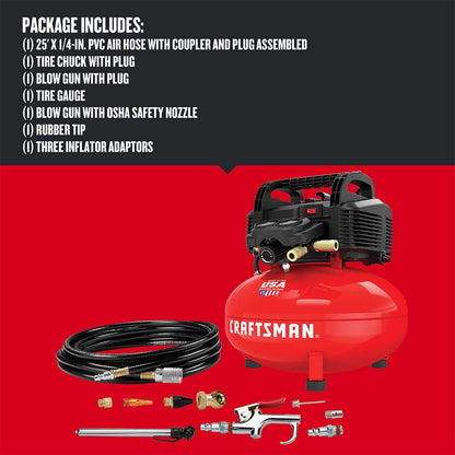 Craftsman Air Compressor, 6 Gallon, Pancake, Oil-Free with 13 Piece Accessory Kit (CMEC6150K) - WoodArtSupply