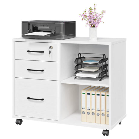 3 Drawer File Cabinets, Mobile Lateral Printer Stand with Open Shelf, Rolling Filing Cabinet with Wheels Home Office Organization and Storage (White) Panana