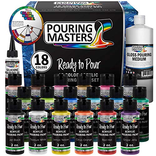 U.S. Art Supply Pouring Masters 18 Color Ready to Pour Acrylic Pouring Paint Set - Premium Pre-Mixed High Flow 2-Ounce Bottles - for Canvas, Wood, U.S. Art Supply